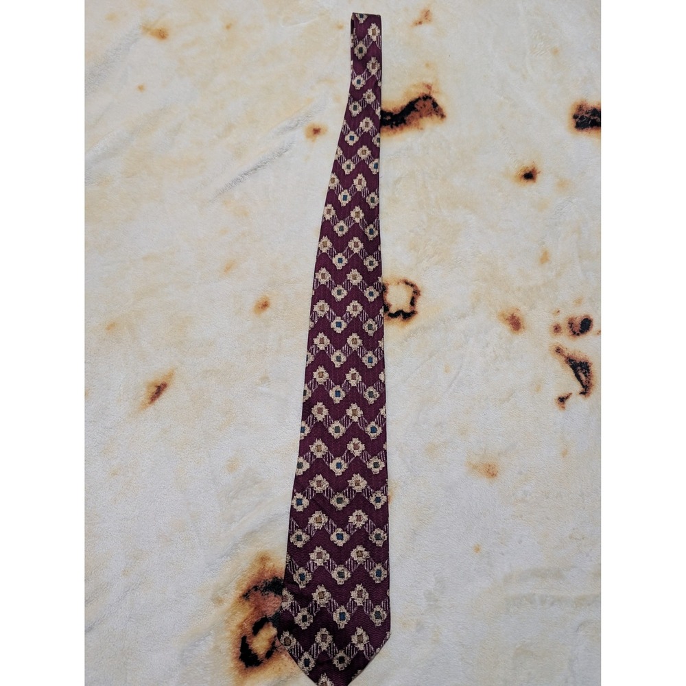 UNICEF Mens Silk Tie Japanese‎ Ikat Kimono Pattern Burgundy Wine Geometric USA